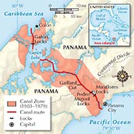 A drawn map of an aerial view of the Panama Canal.
