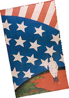 A drawing of a man in a German helmet standing before a giant American flag.