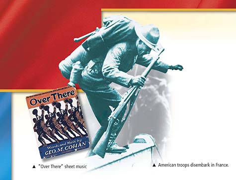 A montage of two images. The first is of an American soldier ready to jump over a railing. The second is a sheet music cover for the composition "Over There."