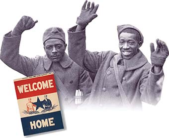 Two images on the effects of the war. The first shows two African American soldiers in heavy coats waving. The second is a red, white and blue poster welcoming the soldiers home. It features a soldier and a sailor each holding a large single star.