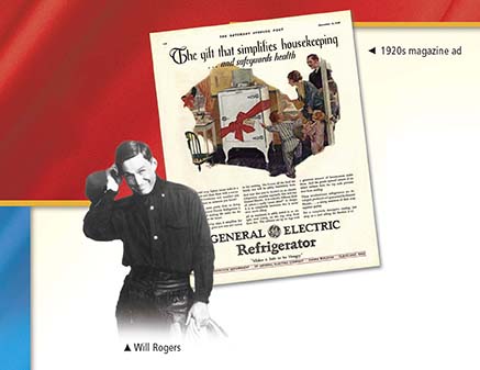 A two-image montage. The first is a photo of a young Will Rogers. The second is an advertisement for a General Electric Refrigerator being promoted as a health appliance.