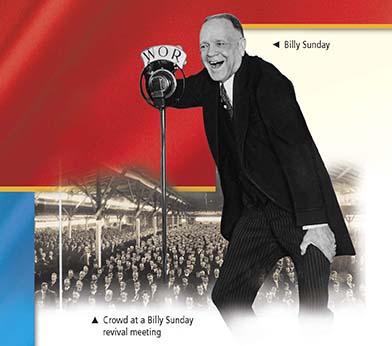 A photo of Billy Sunday at a radio microphone overlaying a photo of a crowd of men at a tent revival meeting.