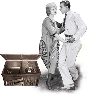 Composite photo of a couple dancing and a photo of a phonograph playing a record.