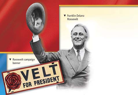 Two images, one of Franklin Delano Roosevelt waving his hat, and the other of his campaign banner - 'rose'velt for President'.