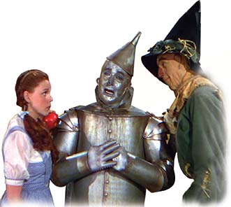 A photo showing "The Wizard of Oz" characters: Dorothy, Tin Man, and Scarecrow.