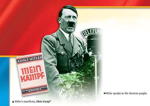 A photo that shows Adolf Hitler and his book, Mein Kampf.