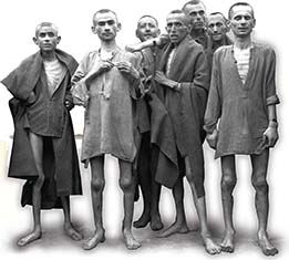 A photo that shows a group of very thin, malnourished men at the point of starvation.