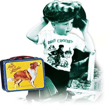 A photo shows a little boy wearing a Davy Crocket t-shirt and Davy's coonskin hat. The second photo is of a Lassie lunchbox.