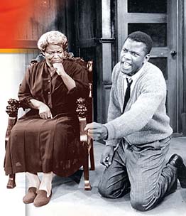 A photo from the movie "A Raisin in the Sun" starring Sidney Poitier and Claudia McNeil. The photo shows Poitier character on his knees beside his mother.