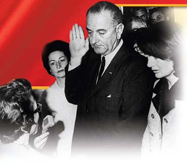 A photograph of Lyndon Johnson with his right arm raised taking the oath of office for President, as Jackie Kennedy stands beside him. Johnson's wife looks on in the background. 