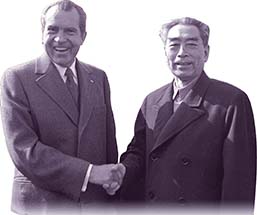 President Nixon shaking hands with Premier Zhou Enlai.
