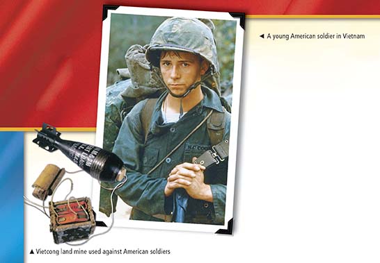 A Vietnamese landmine used against American soldiers and an inset image of a young American soldier.
