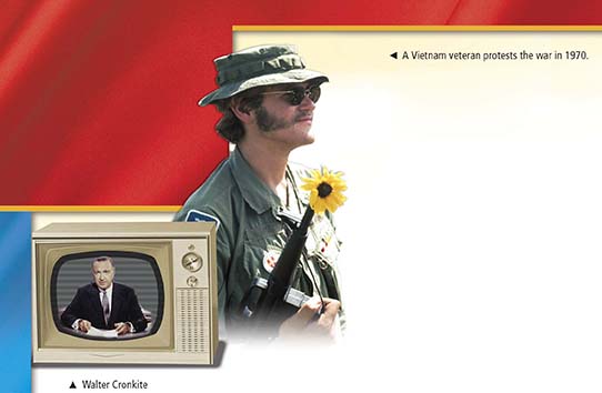 A set of two images. One, of a former soldier holding a rifle with a flower in its barrel, and the other of Walter Cronkite featured in a show on television. The text next to the soldier with a rifle reads 'A Vietnam veteran protests the war in 1970.'