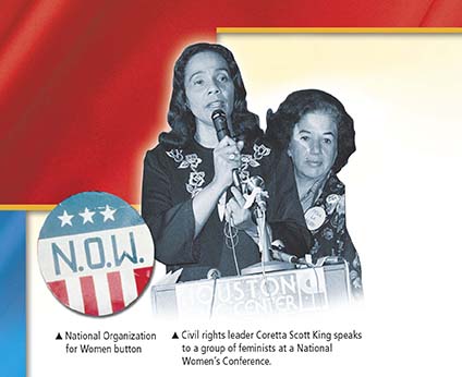 Coretta Scott King, civil rights leader, addressing nation women's conference and beside it, a poster of National Organization of Women.