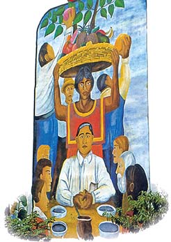 A mural painted by Mexican artist Judith Baca, showing a woman with a basket of fruit on her head standing and seven people seated at a table with bowls in front of them.