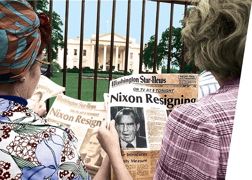 Two women standing at the gate of the White House and reading the headlines of the front page of the newspaper 'Washington Star-News'. The headline reads "Nixon Resigning".