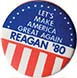 A campaign button with the words 'Let's make America great again. Reagan '80'