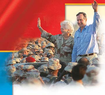 President George H.W. Bush and First Lady Barbara Bush, visiting the troops in Saudi Arabia.