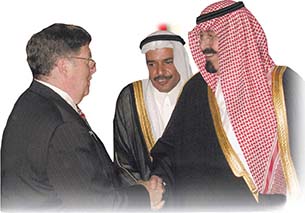 A White house official John Sununu meeting with Saudi Arabian leaders during the Millennium Summit in New York City.