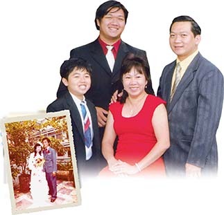 A photo of Eddie and Linda Tran with their sons.
An inset photo of the Trans on 
their wedding day.
