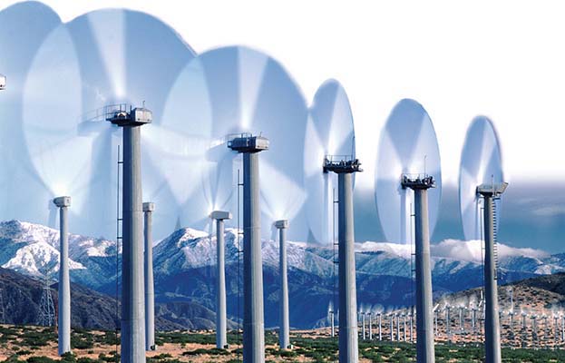 A photo of a wind farm. It uses
wind to produce electricity.