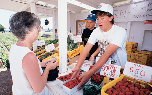 A young man sells berries to a woman in a market.