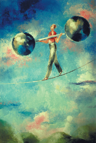 A person walks a tightrope holding a bar with an object at each end.