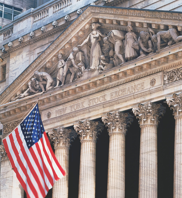 A photo of the front of the New York Stock Exchange.