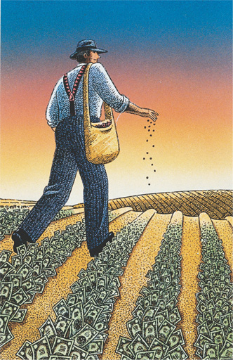 A drawing of a man sprinkling seeds in a field of money.