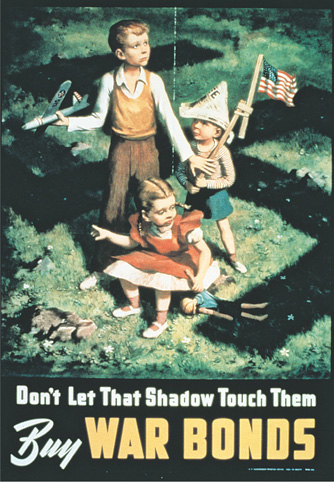 An advertisement with children standing in a swastika. The caption reads, “Don’t let that shadow touch them. Buy war bonds.”