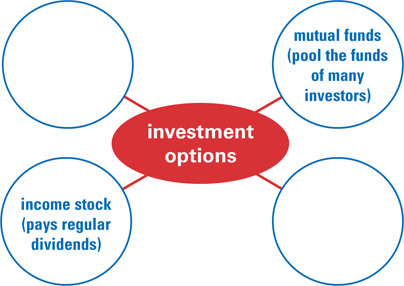 A web map of four investment options. Two options are mutual funds, which pool the funds of many investors, and income stock, which pays regular dividends; the other two options are blank.