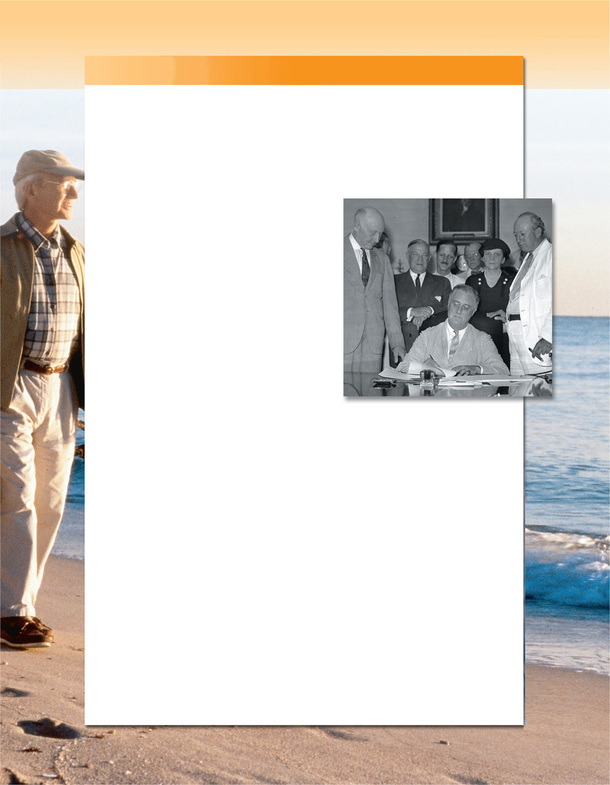 A photo of Franklin D. Roosevelt signing the Social Security Act into law is in front of a photo of a senior walking on a beach.