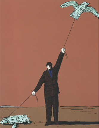 A drawing of a man holding turtle-shaped money on a leash with one hand, and bird-shaped money on a leash with the other.