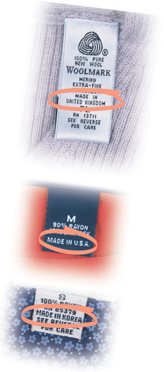 Clothing labels illustrate the global garment trade.