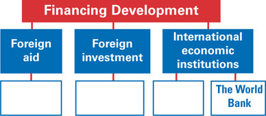 A tree map asks for examples of each of the following three areas of financing development: foreign aid, foreign investment, and international economic institutions other than the World Bank.